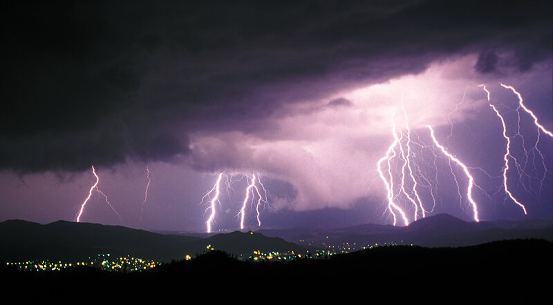 Multiple Lightning Strikes — Purple, Dramatic, Night, Photograph, Mountains