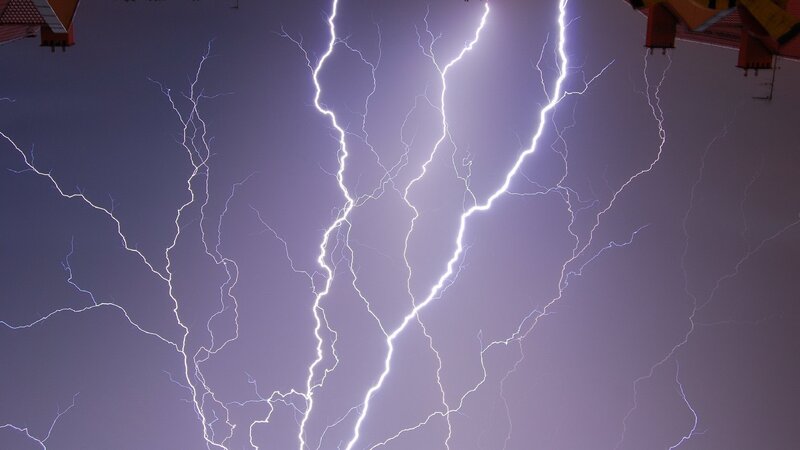 Multiple Lightning Strikes — Purple, Dramatic, Night, Photograph, Sky, Buildings