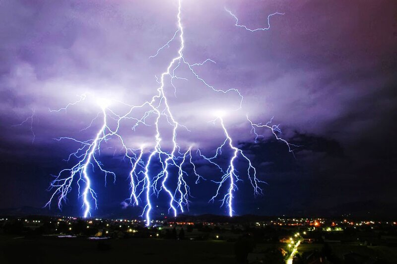 Multiple Lightning Strikes — Purple, Dramatic, Night, Photograph, Sky, City Lights