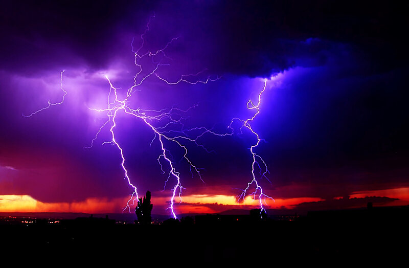 Multiple Lightning Strikes — Purple, Dramatic, Night, Photograph, Sky, Clouds, City