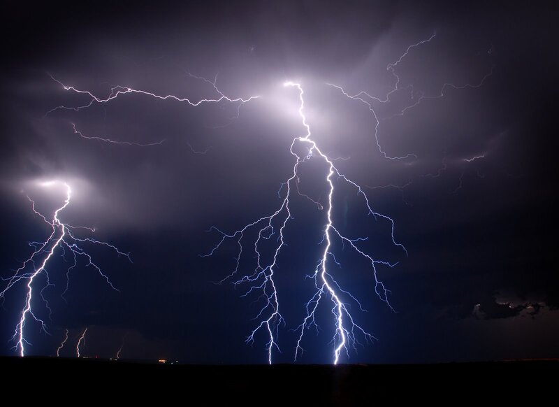 Multiple Lightning Strikes — Purple, Dramatic, Night, Photograph, Sky, Clouds, Ground