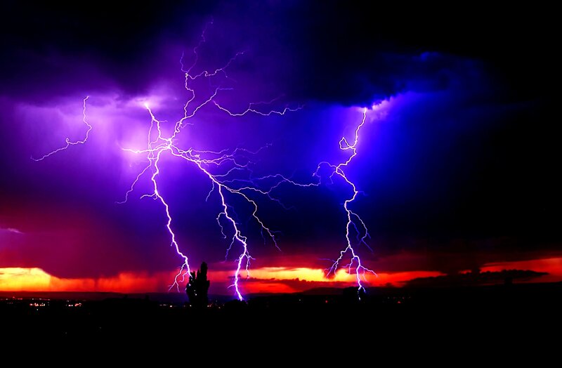 Multiple Lightning Strikes — Purple, Dramatic, Night, Photograph, Sky, Clouds, Silhouette