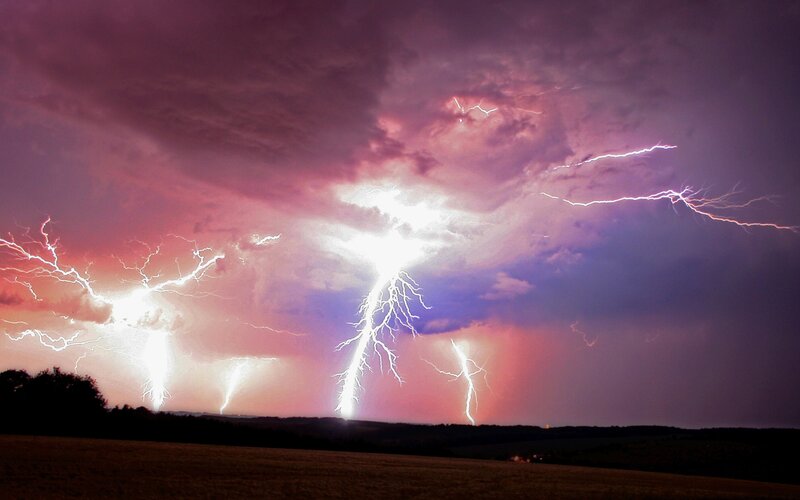 Multiple Lightning Strikes — Purple, Dramatic, Night, Photograph, Sky, Field