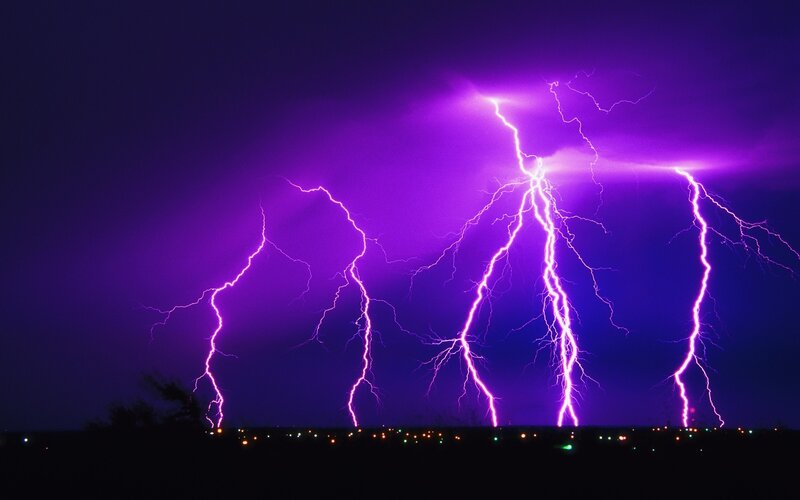 Multiple Lightning Strikes — Purple, Dramatic, Night, Photograph, Sky