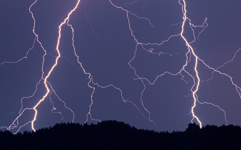 Multiple Lightning Strikes — Purple, Dramatic, Night, Photograph, Sky, Trees