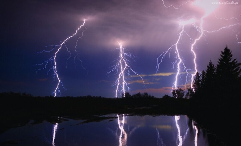 Multiple Lightning Strikes — Purple, Dramatic, Night, Photograph, Sky, Trees, Water