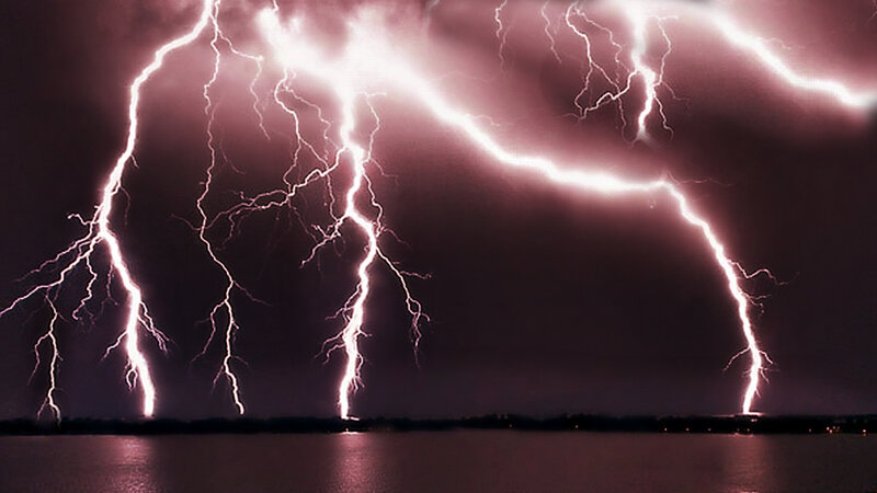 Multiple Lightning Strikes — Purple, Dramatic, Night, Photograph, Sky, Water, Land