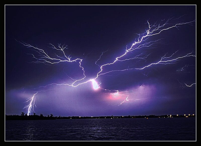 Multiple Lightning Strikes — Purple, Dramatic, Night, Photograph, Sky, Water