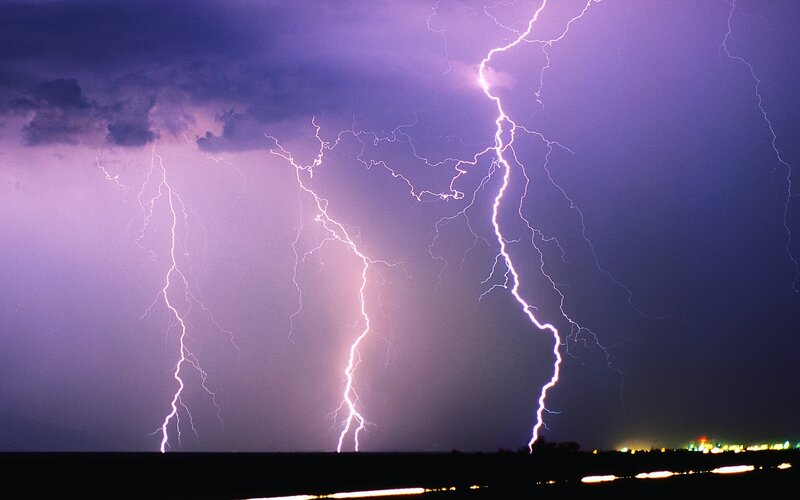 Multiple Lightning Strikes — Purple, Dramatic, Night, Photograph