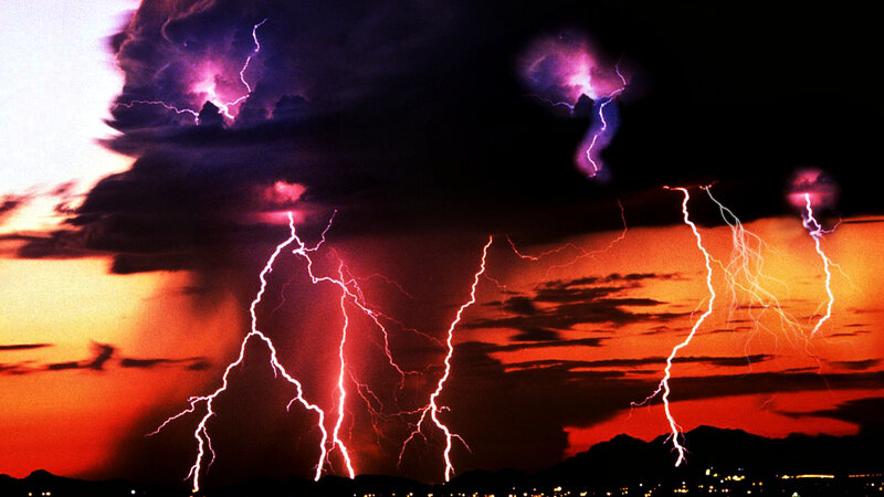 Multiple Lightning Strikes — Red, Dramatic
