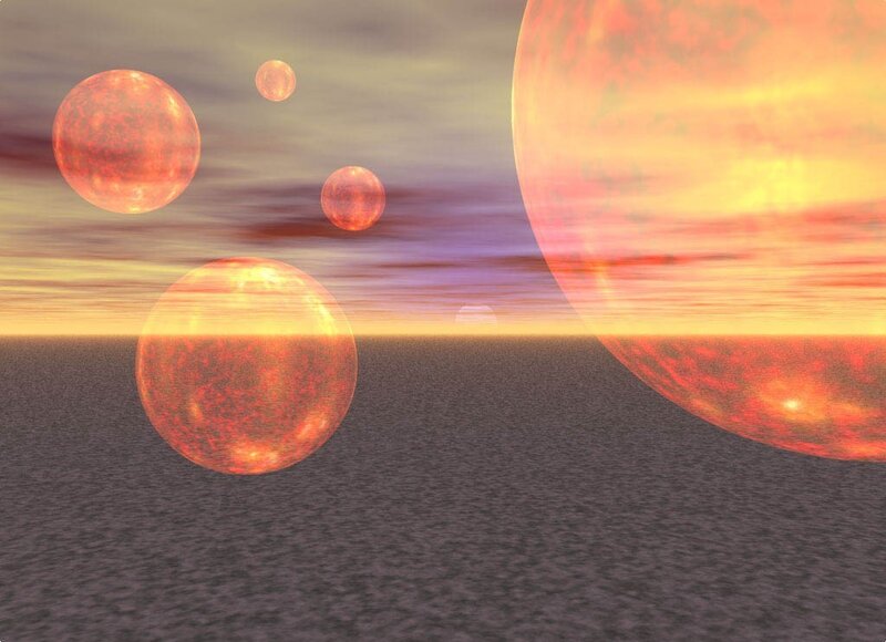 Multiple planets in a sunset sky