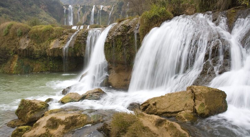 Multiple Waterfalls Cascading — Green, Serene, Photograph