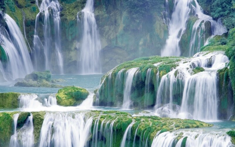 Multiple Waterfalls Cascading — Green, Serene