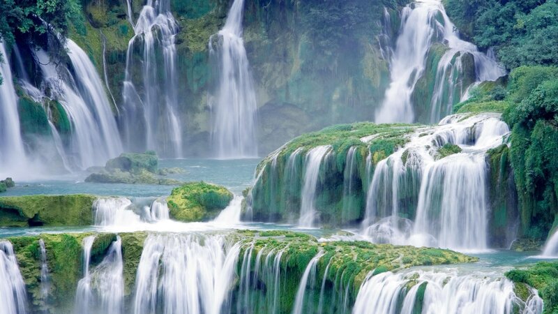 Multiple Waterfalls — Green, Serene, Photograph