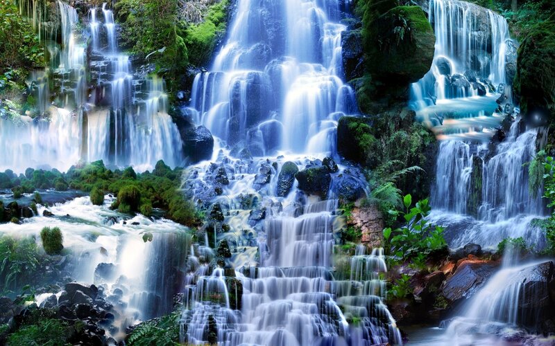 Multiple Waterfalls in Forest — Blue, Serene