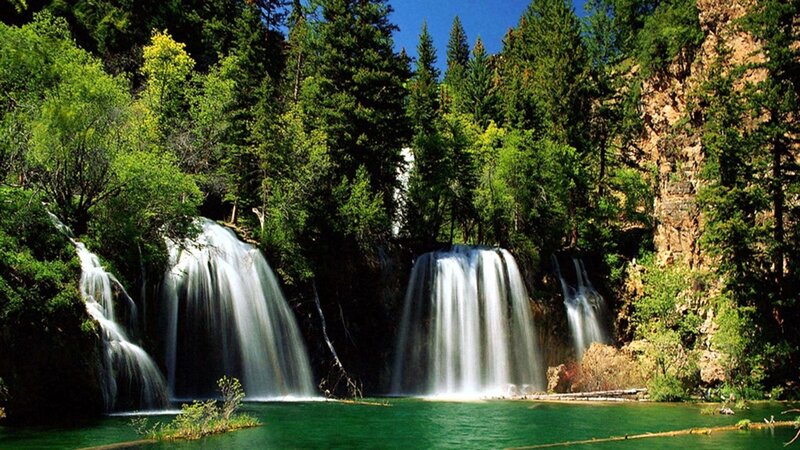 Multiple Waterfalls in Forest — Green, Serene, Afternoon, Photograph, Trees, Pool, Rock