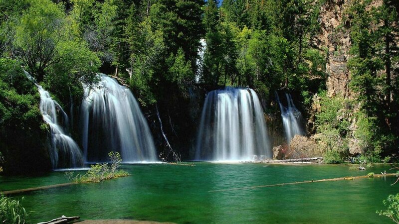Multiple Waterfalls in Forest — Green, Serene, Afternoon, Photograph, Trees, Pool