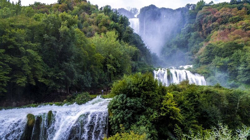 Multiple Waterfalls in Forest — Green, Serene, Autumn, Photograph