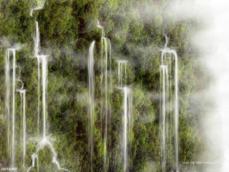 Multiple Waterfalls in Forest — Green, Serene, Digital Art