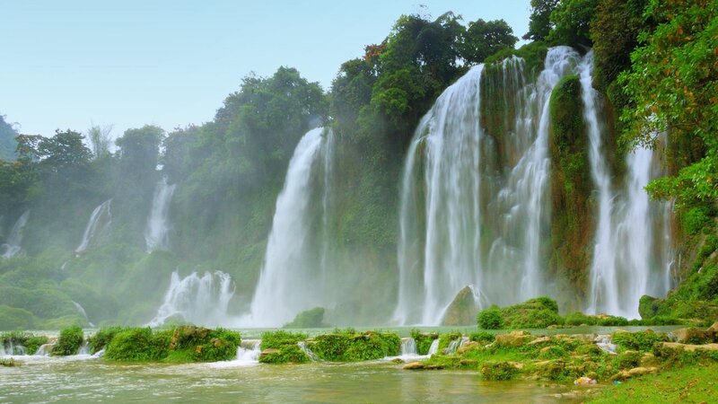 Multiple Waterfalls in Forest — Green, Serene, Morning