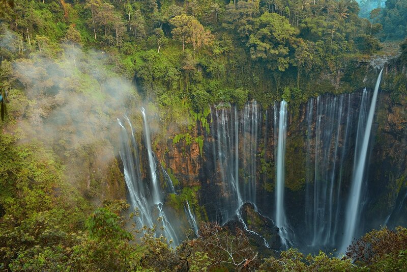 Multiple Waterfalls in Forest — Green, Serene, Photograph, Cliff
