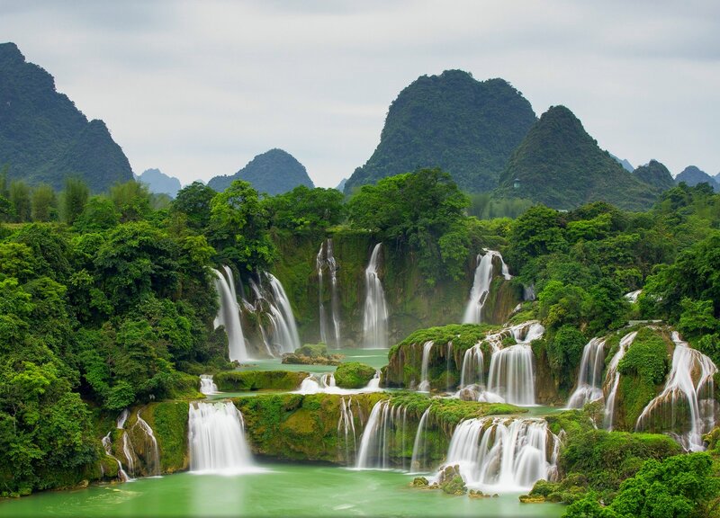 Multiple Waterfalls in Forest — Green, Serene, Photograph, Mountains