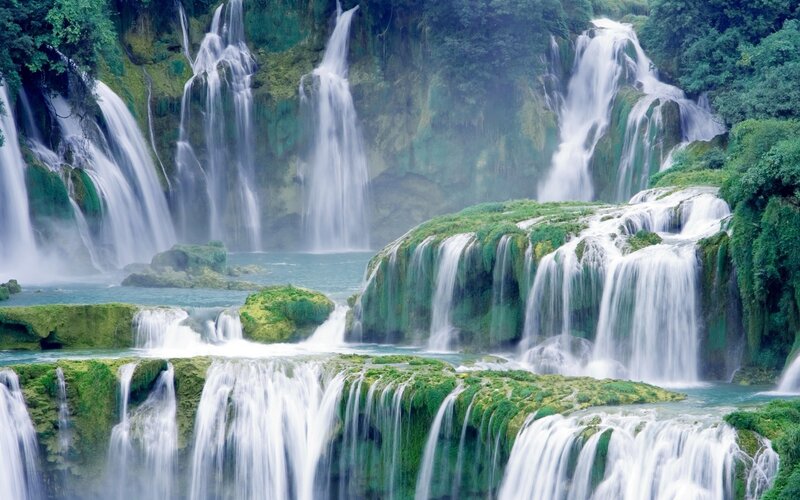 Multiple Waterfalls in Forest — Green, Serene, Photograph, Trees, Rocks, River