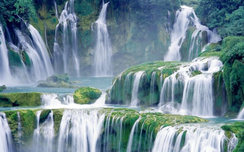Multiple Waterfalls in Forest — Green, Serene, Photograph, Trees, Rocks