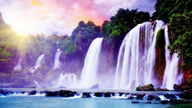 Multiple Waterfalls in Forest — Purple, Dramatic, Sunset