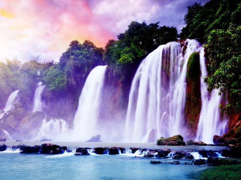 Multiple Waterfalls in Forest — Purple, Dramatic