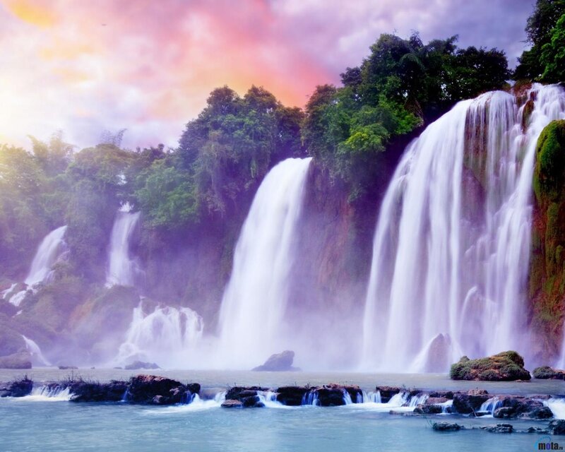 Multiple Waterfalls in Forest — Purple, Serene, Sunset, Photograph