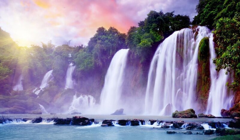 Multiple Waterfalls in Forest — Purple, Serene, Sunset