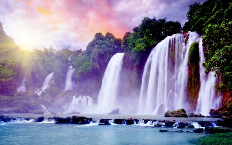 Multiple Waterfalls in Forest — Purple