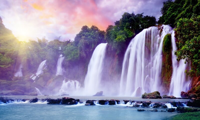 Multiple Waterfalls in Forest — White