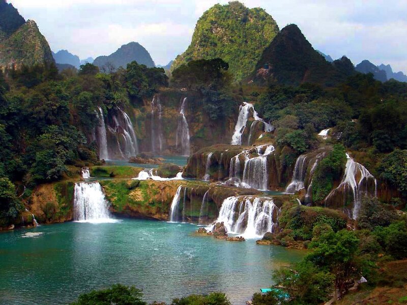 Multiple Waterfalls in Mountains