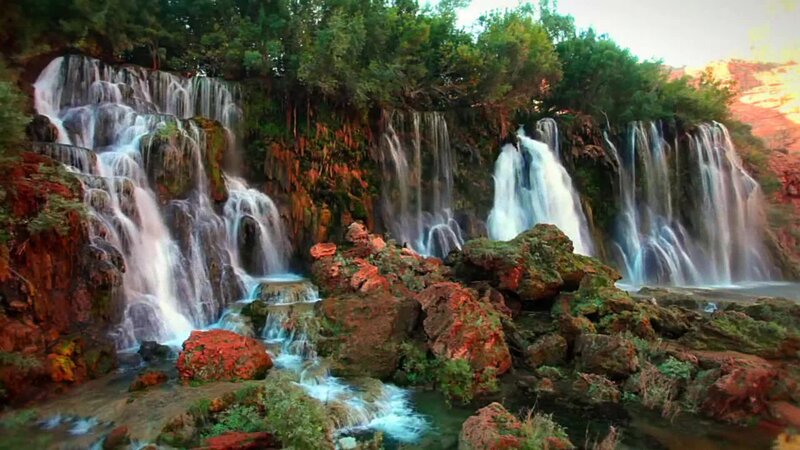 Multiple Waterfalls on Cliff — Green, Serene, Afternoon, Photograph