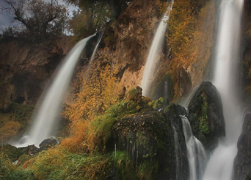 Multiple Waterfalls on Cliff — Green, Serene, Autumn, Photograph