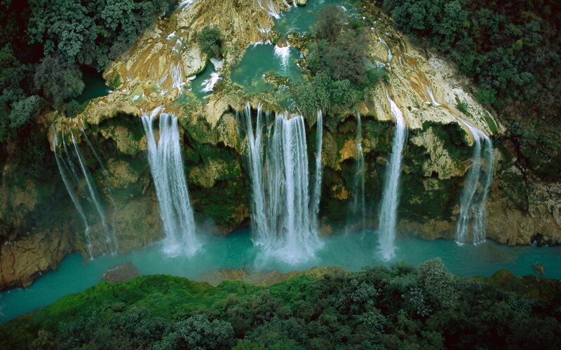 Multiple Waterfalls on Cliff — Green, Serene, Photograph