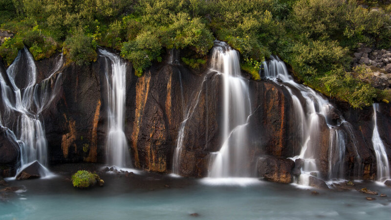 Multiple Waterfalls on Cliff — Green, Serene