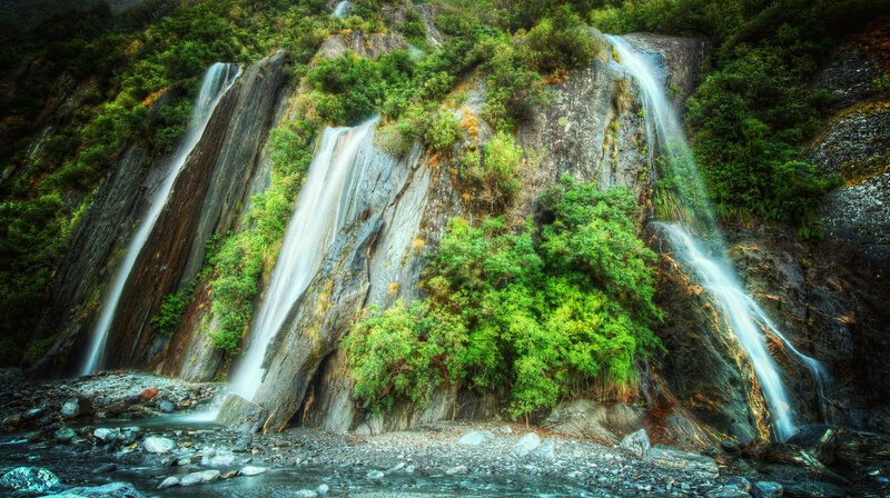 Multiple Waterfalls on Cliff — Green
