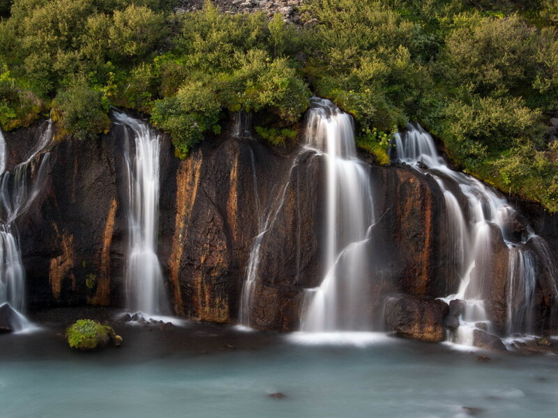 Multiple Waterfalls on Rock — Green, Serene, Photograph