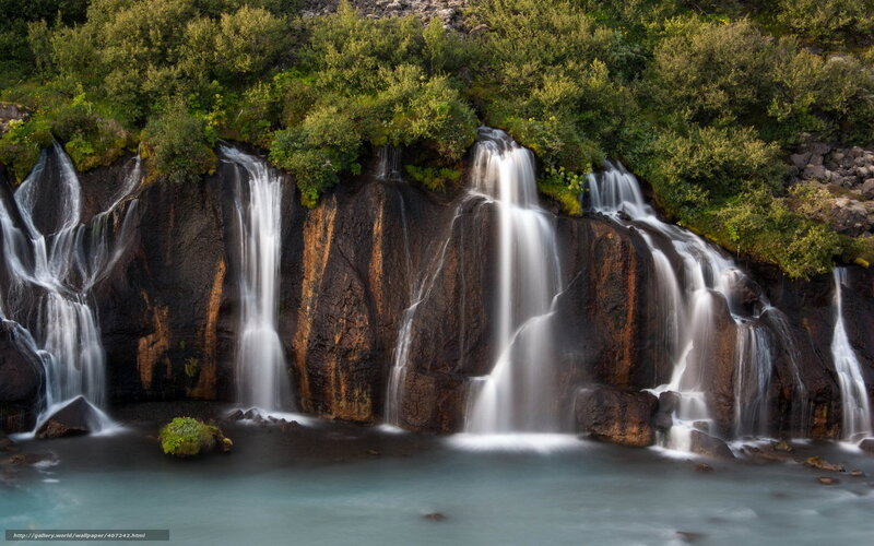 Multiple Waterfalls on Rock — Green, Serene, Photograph, Trees