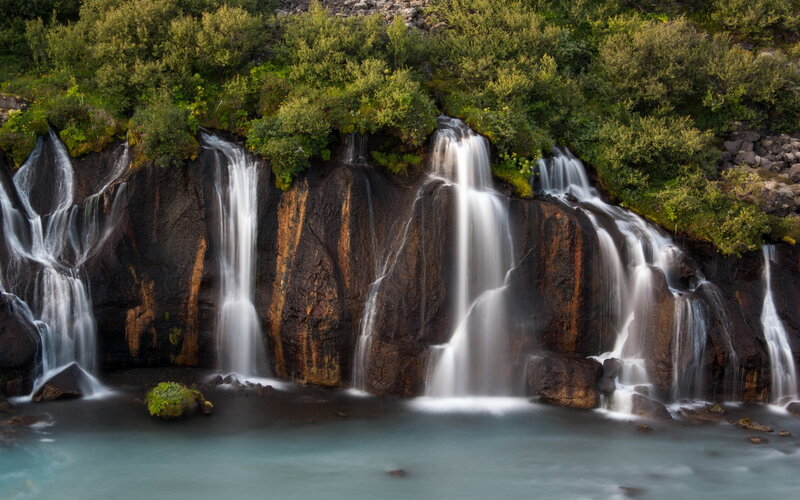 Multiple Waterfalls on Rock — Green, Serene
