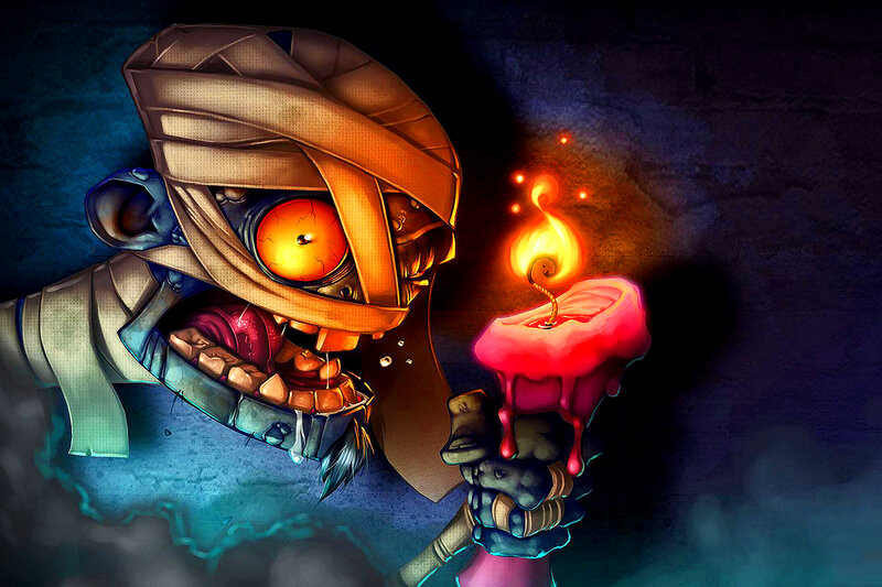 Mummy Character Holding Candle — Black, Dramatic, Night