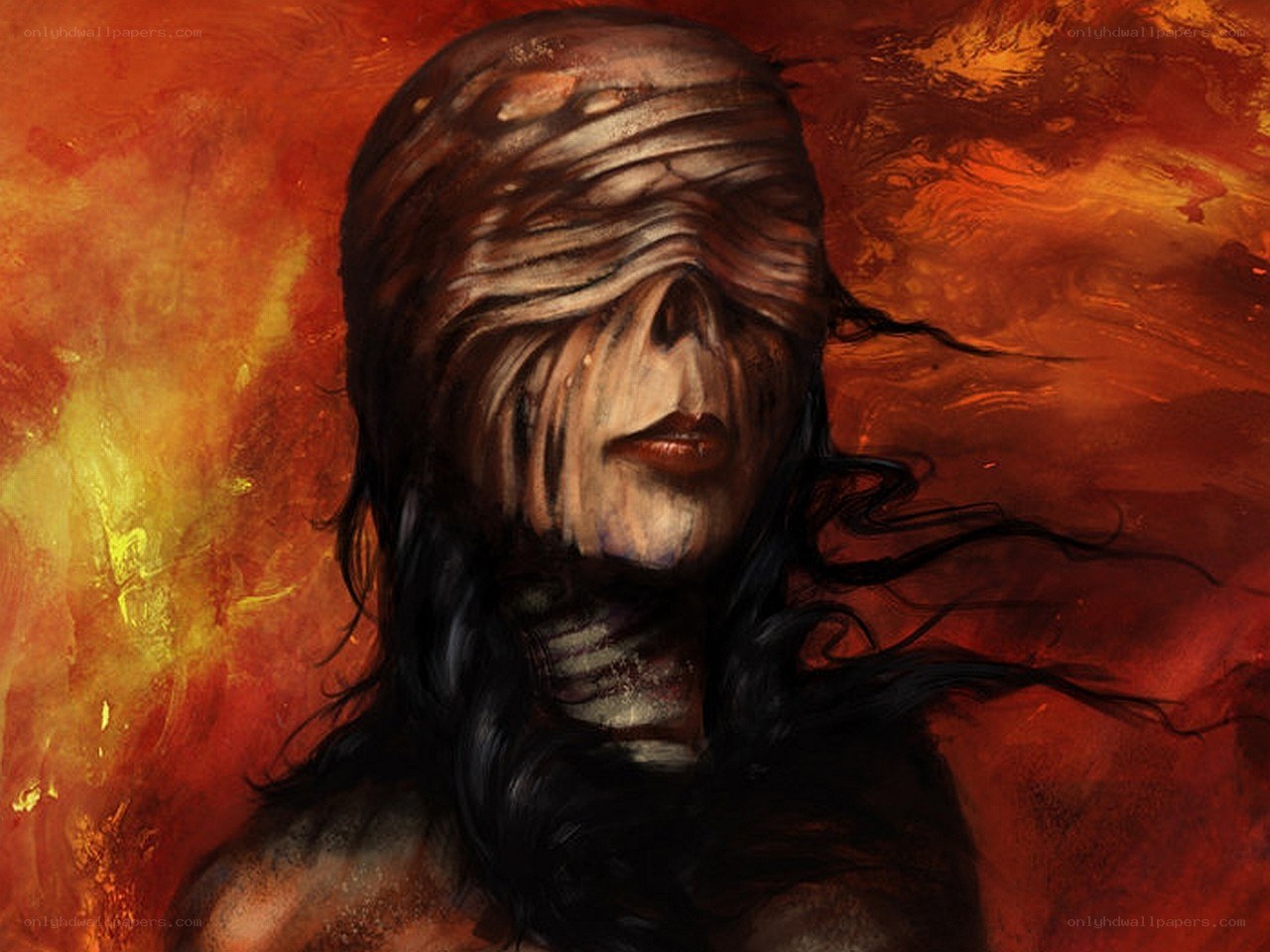 mummy-like figure in fire