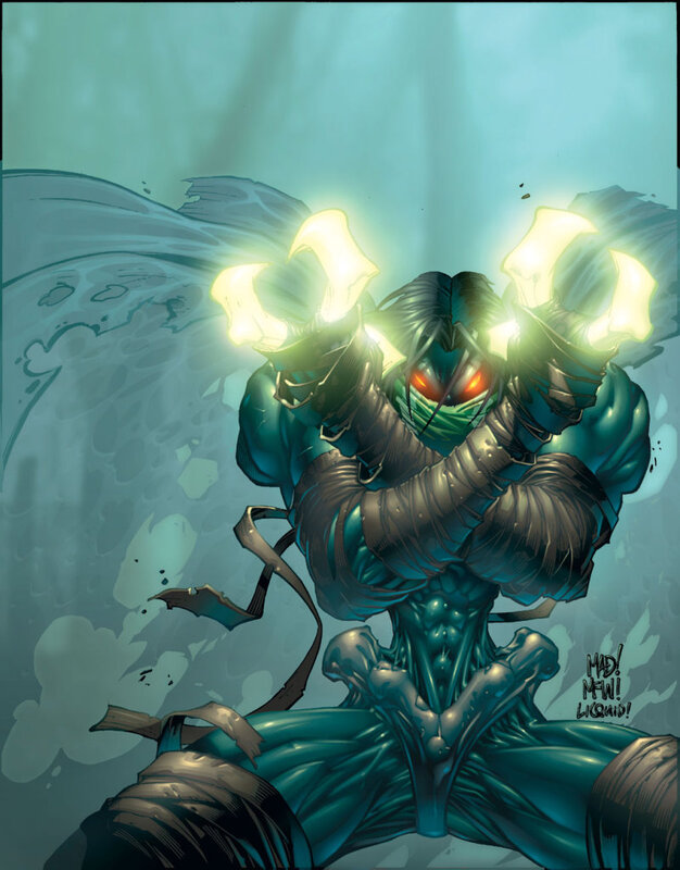 mummy-like warrior with glowing hands