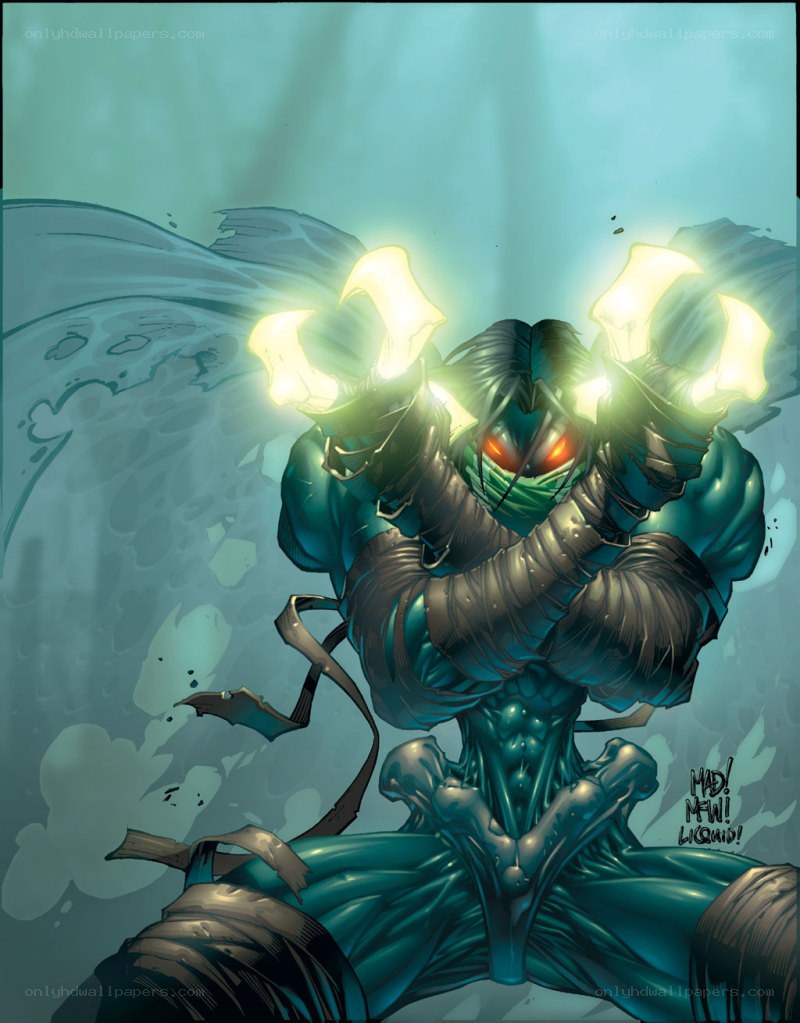 mummy-like warrior with glowing hands