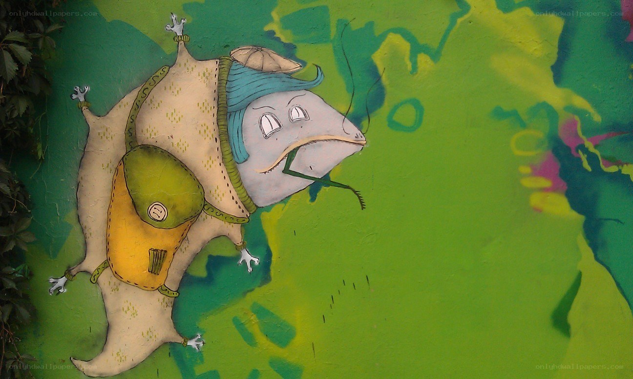 mural of a creature with backpack