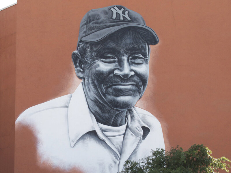 Mural of a man in Yankees cap