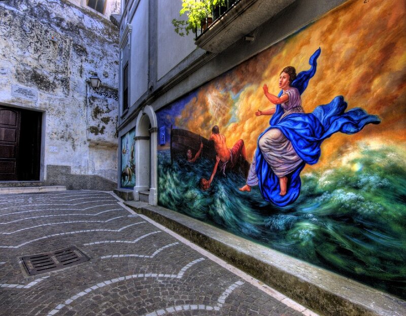 Mural of a woman on waves